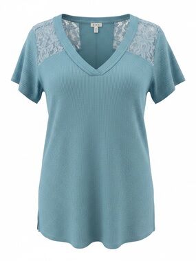 POL Lace-Trim V-Neck Short Sleeve Top - Dusty Blue